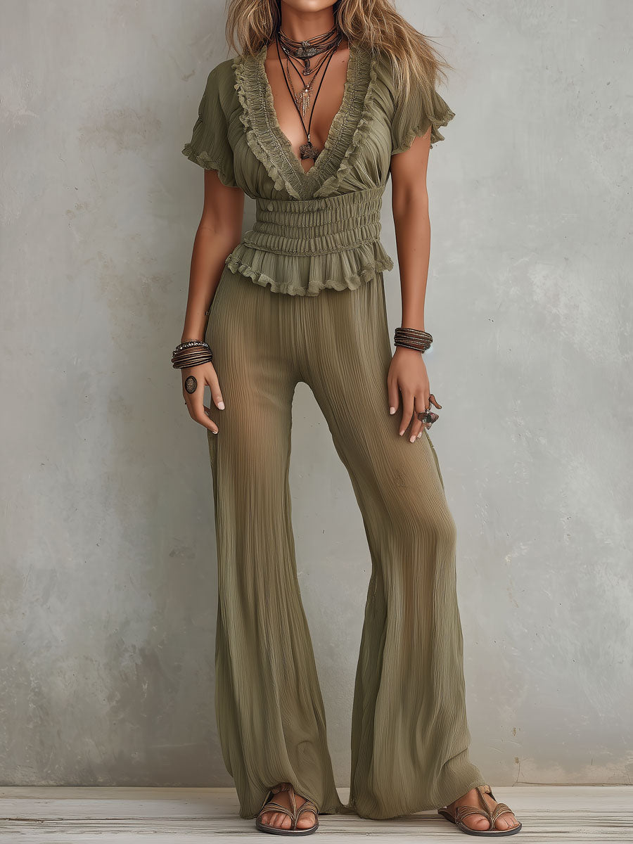 Boho Olive Ruffled Plunge Pleated Jumpsuit
