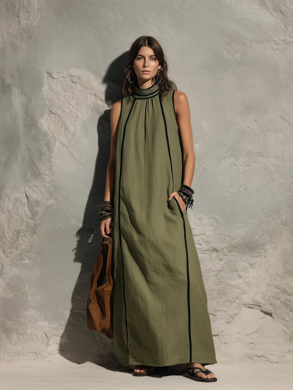 Women's Casual Army Green Cotton-linen Sleeveless Maxi Dress With A High Neck MDZ0762G3LXY