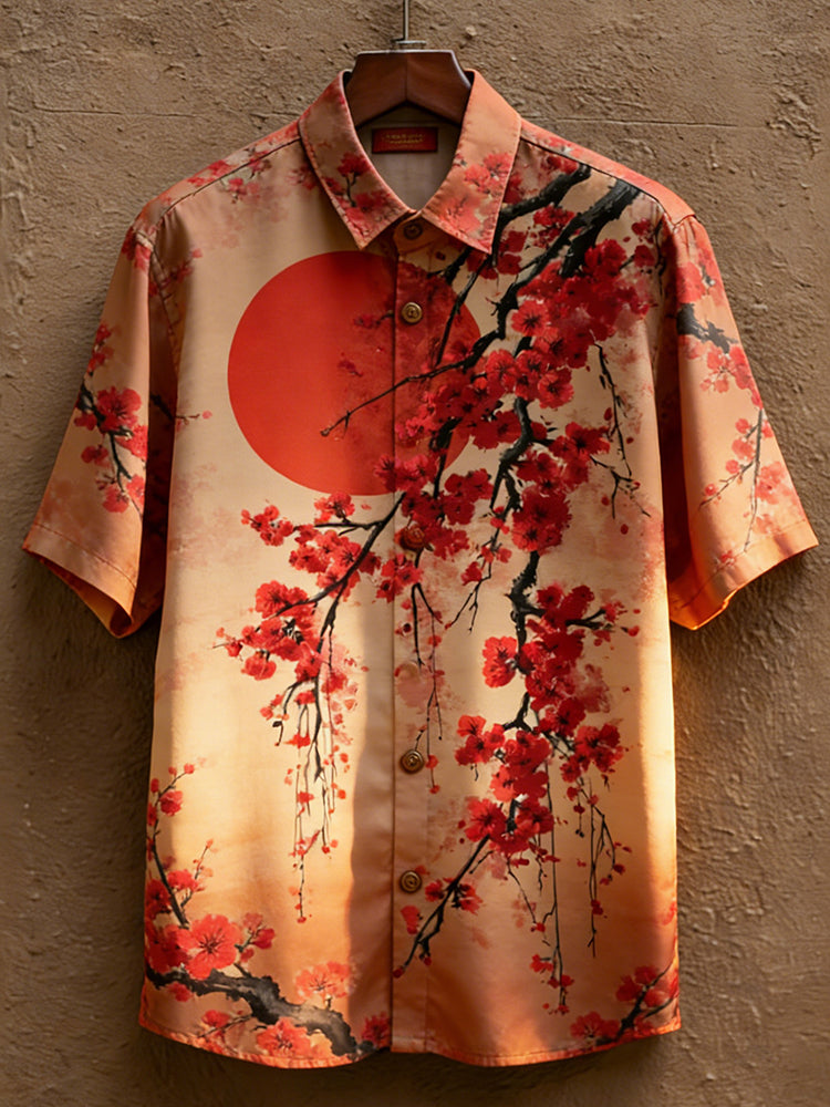 Men's Japanese-style Artistic Floral Print Short-sleeved Shirt