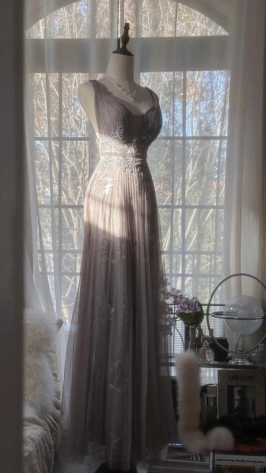 Gray Purple Romantic Fashion Elegant Exquisite Lace Floral Applique Long Tulle Fairy Ball Gown Evening Dress Birthday/Wedding Guest/Holiday Party Dress Prom Dress Valentine's Day Date Dress Bridesmaid Dress 4031