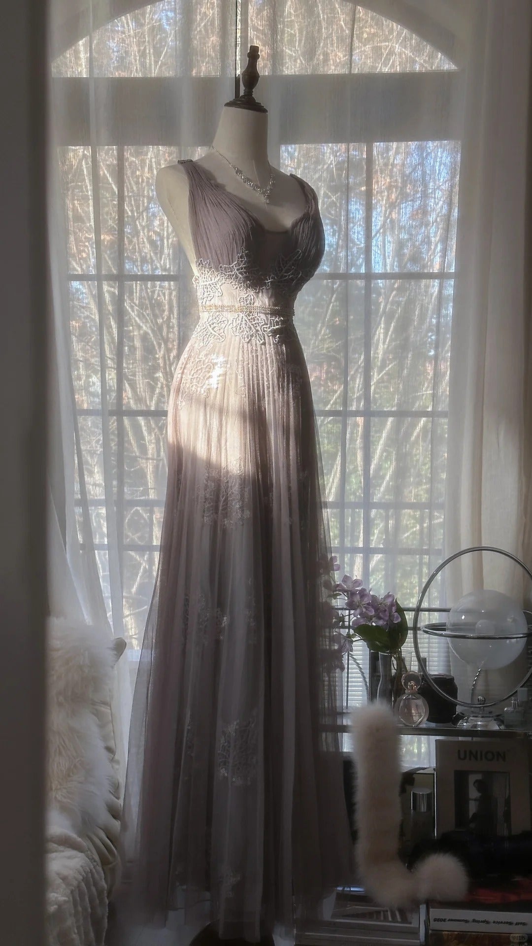 Gray Purple Romantic Fashion Elegant Exquisite Lace Floral Applique Long Tulle Fairy Ball Gown Evening Dress Birthday/Wedding Guest/Holiday Party Dress Prom Dress Valentine's Day Date Dress Bridesmaid Dress 4031