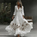 Women's Vintage Rose Embroidery Art V-neck Casual Long Sleeve Maxi Dress