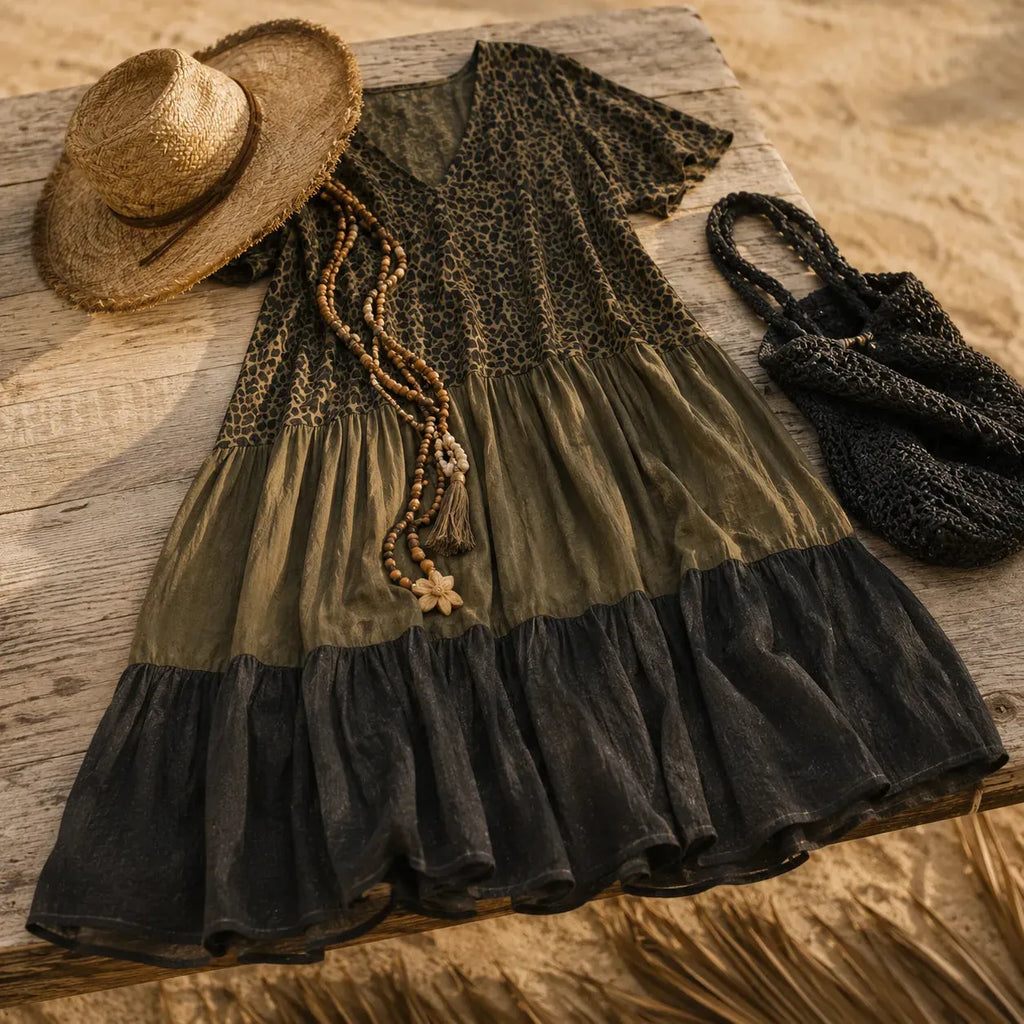 Marenza – Boho Tiered Maxi Dress with Leopard Bodice, Color-Block Skirt, V-Neck