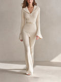 Women's Elegant Off-white Ribbed-Knit Collared V-Neck Flared-Sleeve Belted Top & Flared Trouser Set MDZ2270G8CMX