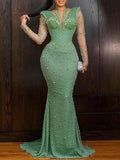 Sexy V-Neck Beaded Decorate Lace Wrap Solid Color Evening Maxi Dress