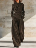 Women's Dark Brown Cotton Blend Two Piece Matching Set With Draped Cowl Wrap Top & Contrast Stitch Wide Leg Trousers, Avant-Garde Minimalist Streetwear Outfit MDZ2036G0LYL
