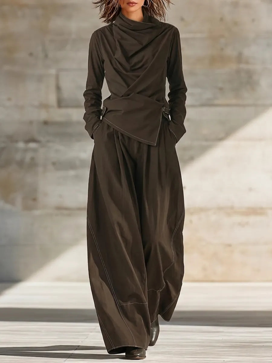 Women's Dark Brown Cotton Blend Two Piece Matching Set With Draped Cowl Wrap Top & Contrast Stitch Wide Leg Trousers, Avant-Garde Minimalist Streetwear Outfit MDZ2036G0LYL