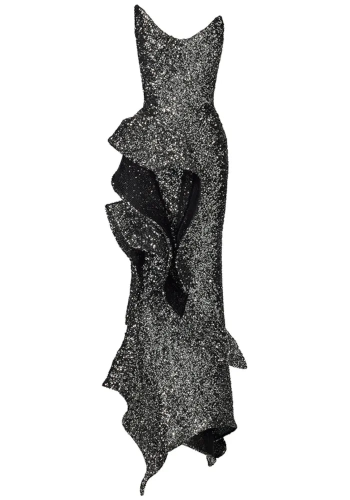 Strapless Sequin Ruffle Maxi Dress Silver