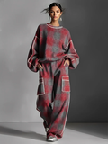 Women's Red And Gray Plaid Brushed Distressed Street Style Color-Blocked Piping Pantsuit Set MDA1065K4I