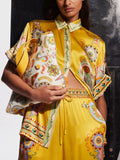 Sophisticated Satin Unique Cashew Flower Print Button Oversized Shirt