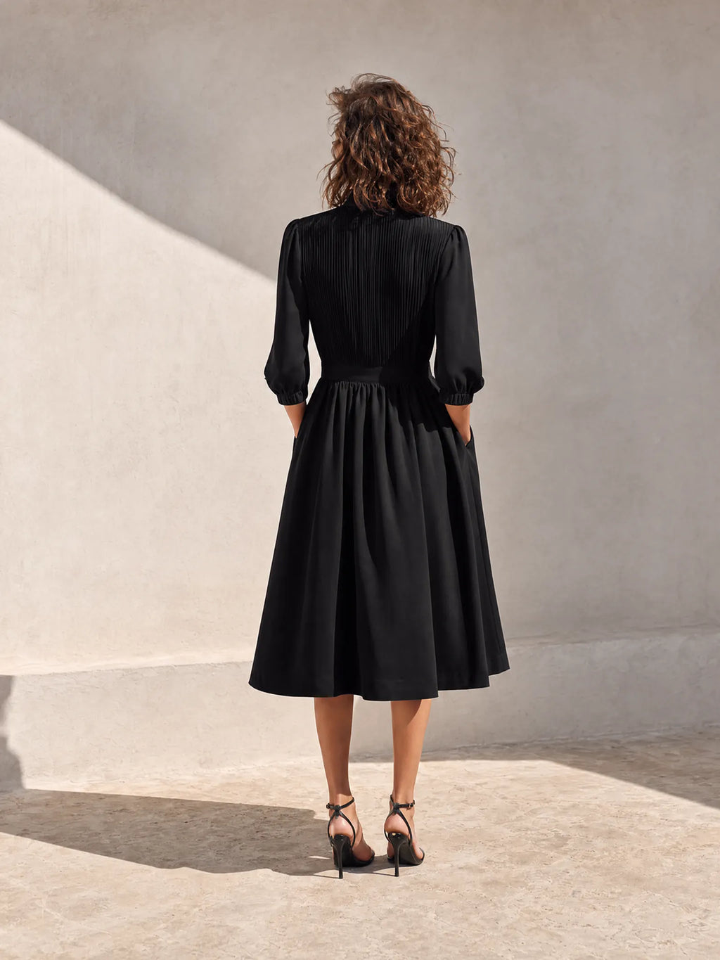 Women's Elegant Workwear Black Stand-Collar Zip-Front Pleated Bishop-Sleeve Cinched-Waist Midi Dress MDZ1567G4CMX