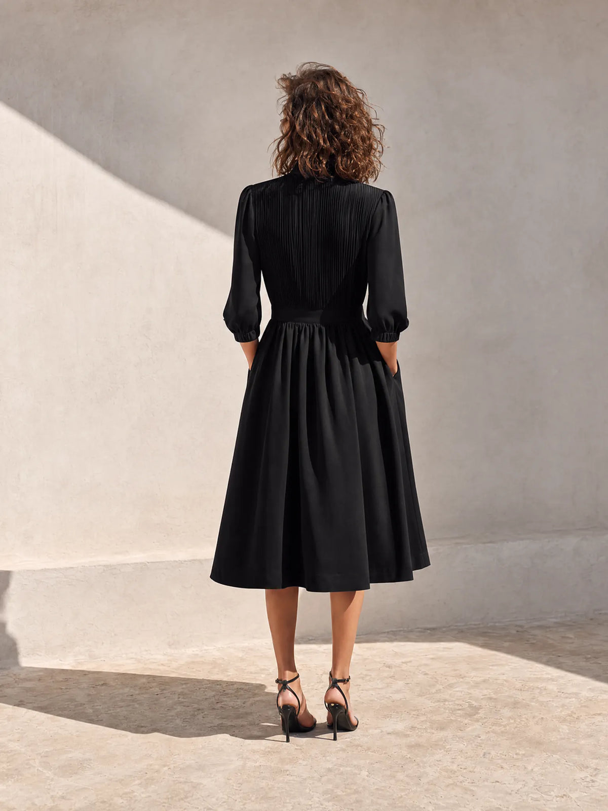 Women's Elegant Workwear Black Stand-Collar Zip-Front Pleated Bishop-Sleeve Cinched-Waist Midi Dress MDZ1567G4CMX