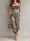 Retro Smocked Paisley-Print Lantern-Leg Jumpsuit