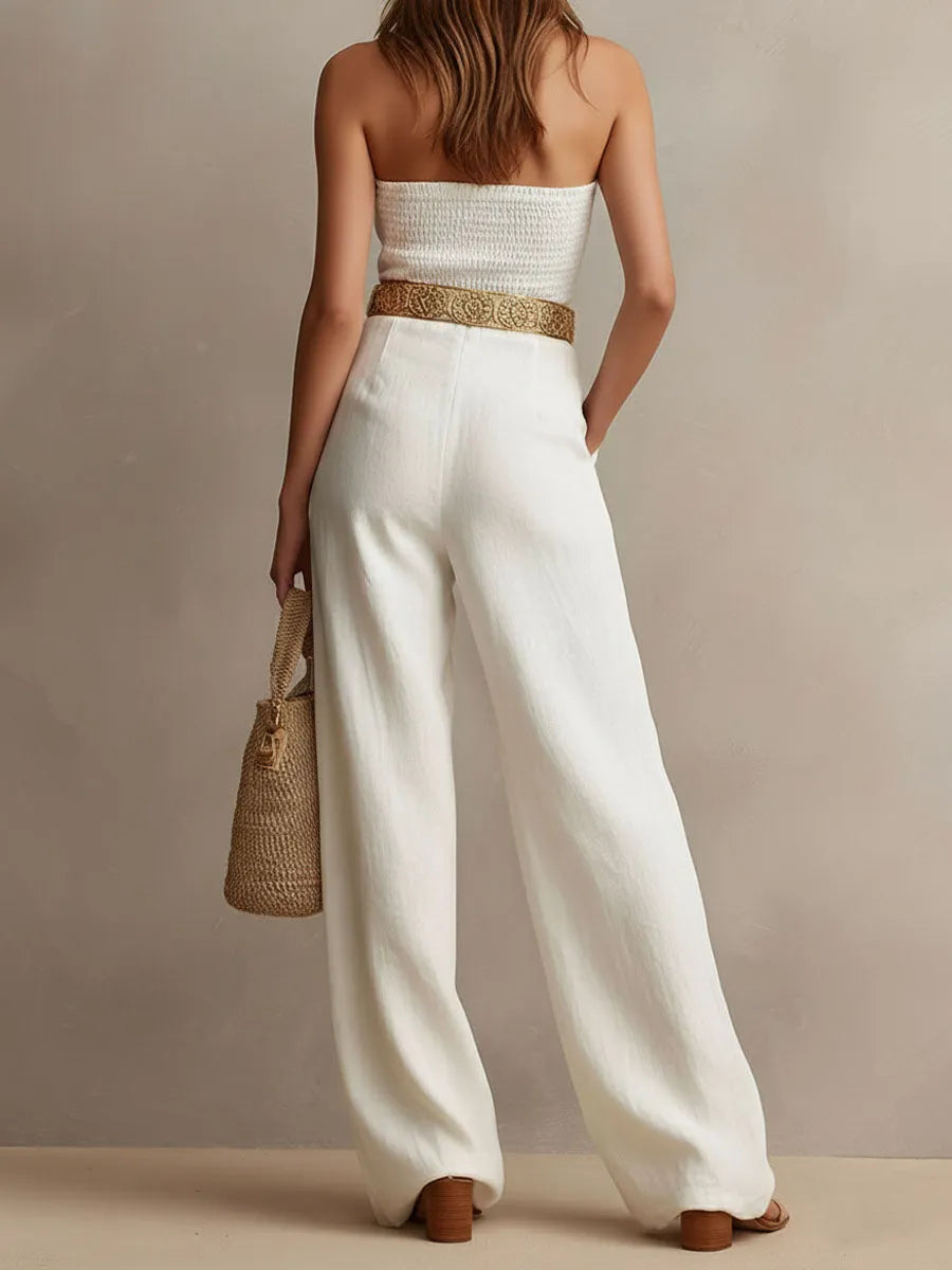 Vintage Boho White Halter Wide-Leg One Piece Jumpsuit