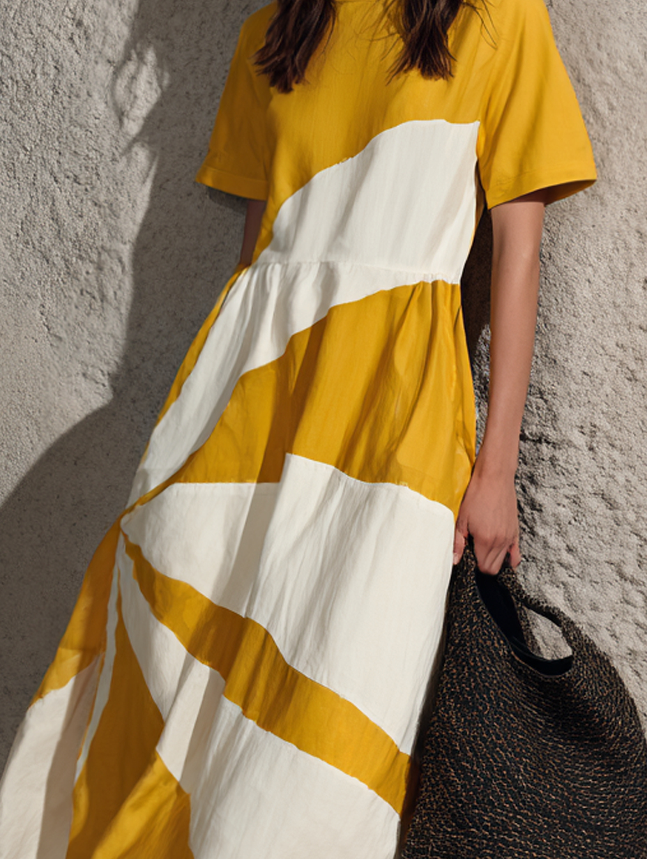 Women's Casual Yellow And White Color-block Woven Maxi Dress With A Round Neck And Short Sleeves MDZ1687G9LXY