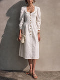 Women's French Cottage Style Off White Cotton Blend Square Neck Smocked Long Sleeve Floral Embroidery Midi Dress MDZ0156G8GMJ