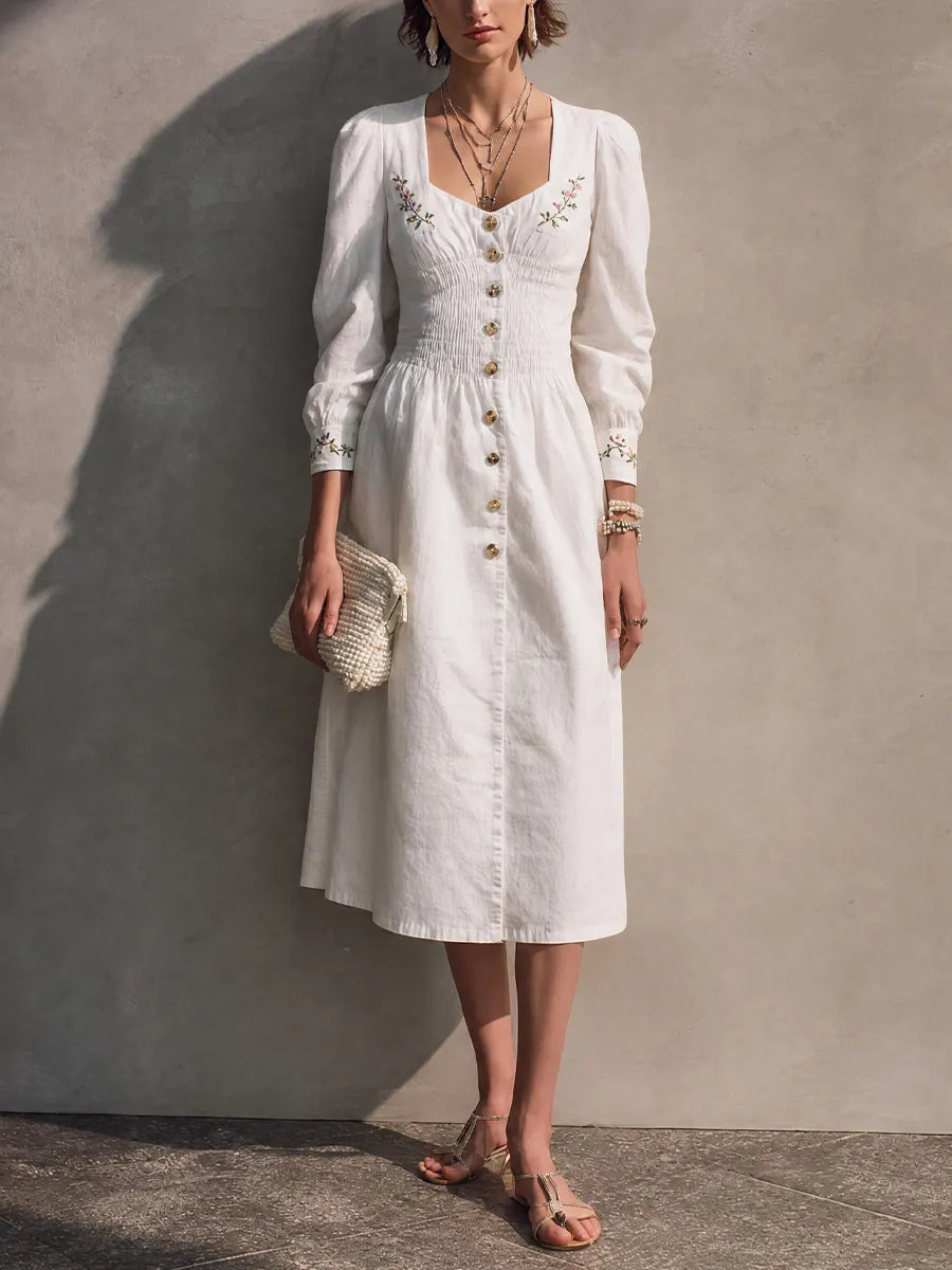 Women's French Cottage Style Off White Cotton Blend Square Neck Smocked Long Sleeve Floral Embroidery Midi Dress MDZ0156G8GMJ