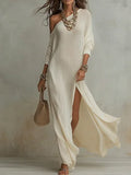 Women's Off-the-Shoulder Waffle Knit Maxi Dress - Elegant High-Slit Beach Vacation Dress