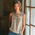 Vintage Bohemian Flowers Embroidery Art Linen Sleeveless Top
