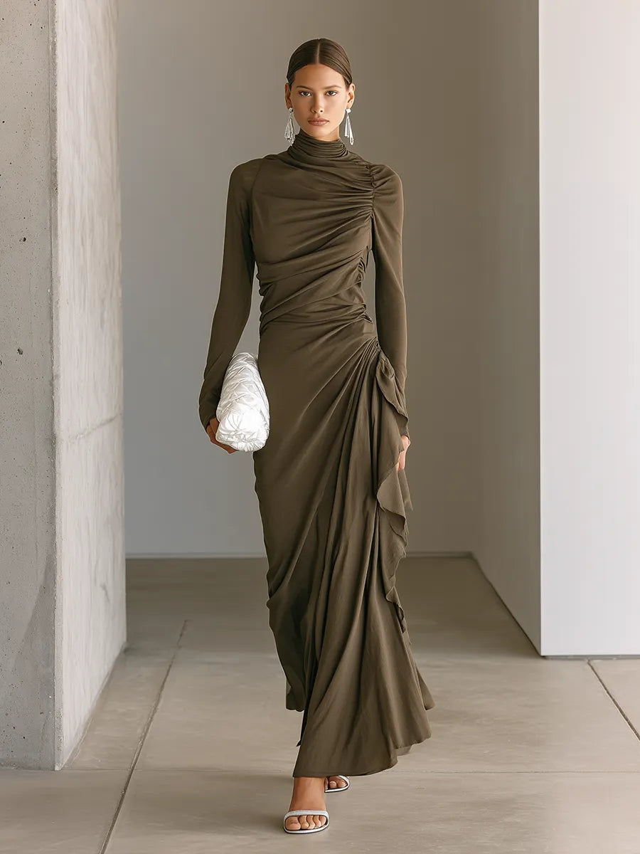 Women's Dark Taupe Soft Jersey Maxi Dress With Turtleneck Long Sleeves & Asymmetric Side Ruched Ruffle, Elegant Bodycon Evening Maxi Dress MDZ1394G9LYL