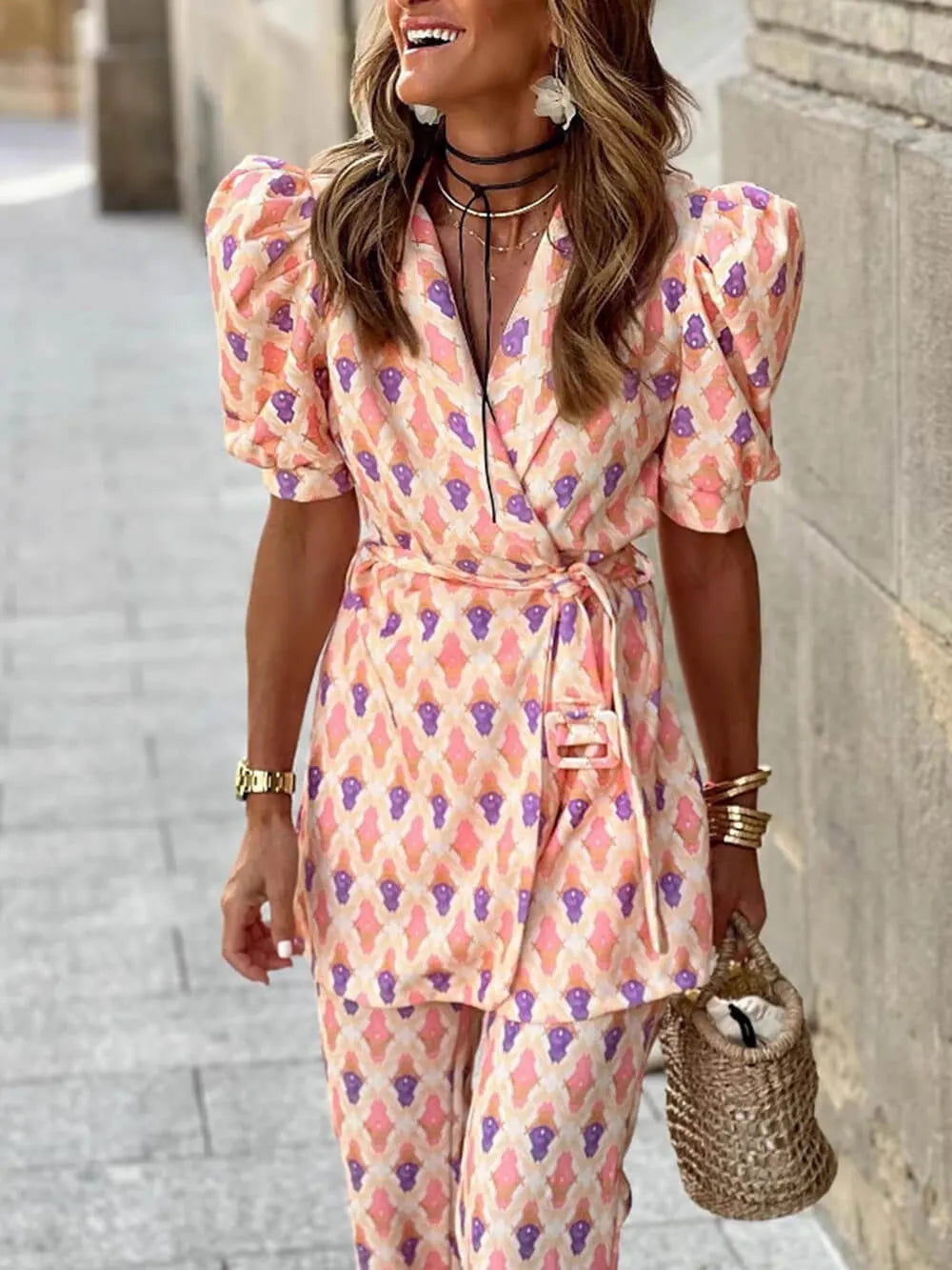 Fresh Colors Print Elastic Waist Flare Pants