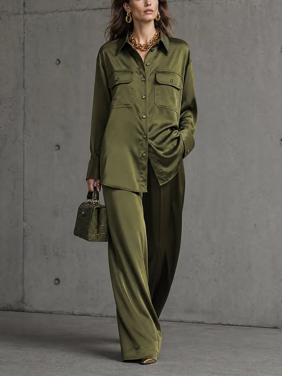 Women's Olive Green Glossy Satin Collared Dual Chest Pocket Button Front Long Sleeve Shirt High Waist Wide Leg Trouser Two Piece Set MDZ2096G4YZJ