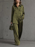 Women's Olive Green Glossy Satin Collared Dual Chest Pocket Button Front Long Sleeve Shirt High Waist Wide Leg Trouser Two Piece Set MDZ2096G4YZJ