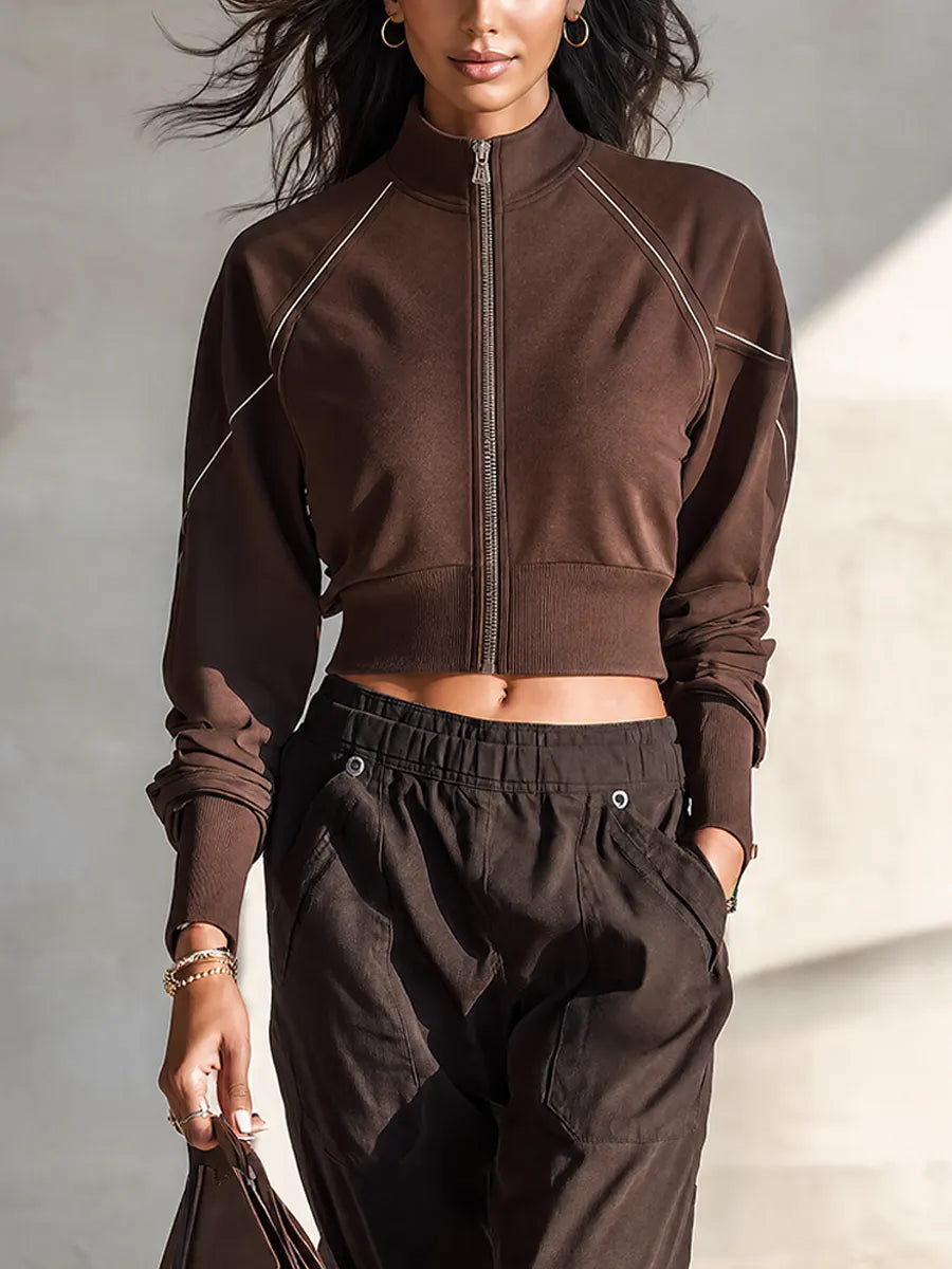 Women's Dark Brown Cotton-Blend Cropped Sports Jacket With Contrast Piping MDZ2250G4ZRK