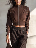 Women's Dark Brown Cotton-Blend Cropped Sports Jacket With Contrast Piping MDZ2250G4ZRK