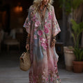Vintage Boho Roses Embroidered Art Gradient V Neck Maxi Dress