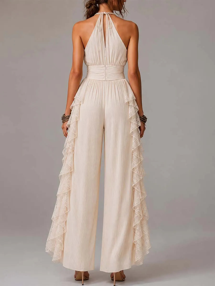 Cream Crinkled Chiffon Lace Ruffled Halter Wide-Leg Jumpsuit