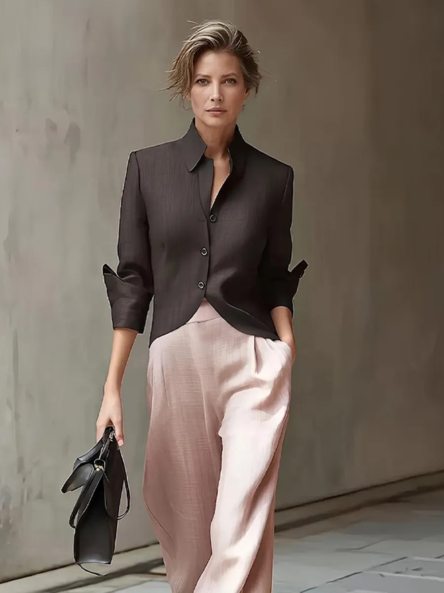 Women's Brown Pink Linen Blend Two Piece Suit Collar Crop Blazer & Sheer Wide Leg Pants, Chic Neutral Smart Casual Matching Outfit MDZ1574G4LYL