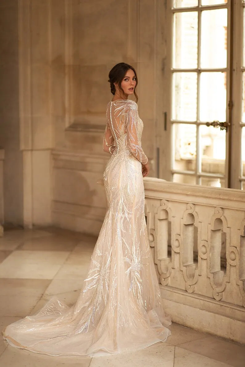 Mermaid wedding dress CT-018 size 2 in stock, Cathedral wedding dress, Sparkle wedding dress, Long sleeves wedding dress