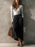 Women's Casual White Stretch-knit V-neck Long-sleeve Top Paired With A Black Cotton-linen Skirt. MDZ2369G5LXY