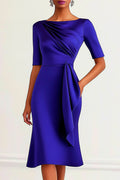 Wedding Guests Dress Dark Blue Crew Neck Midi Mother of the Bride Dress