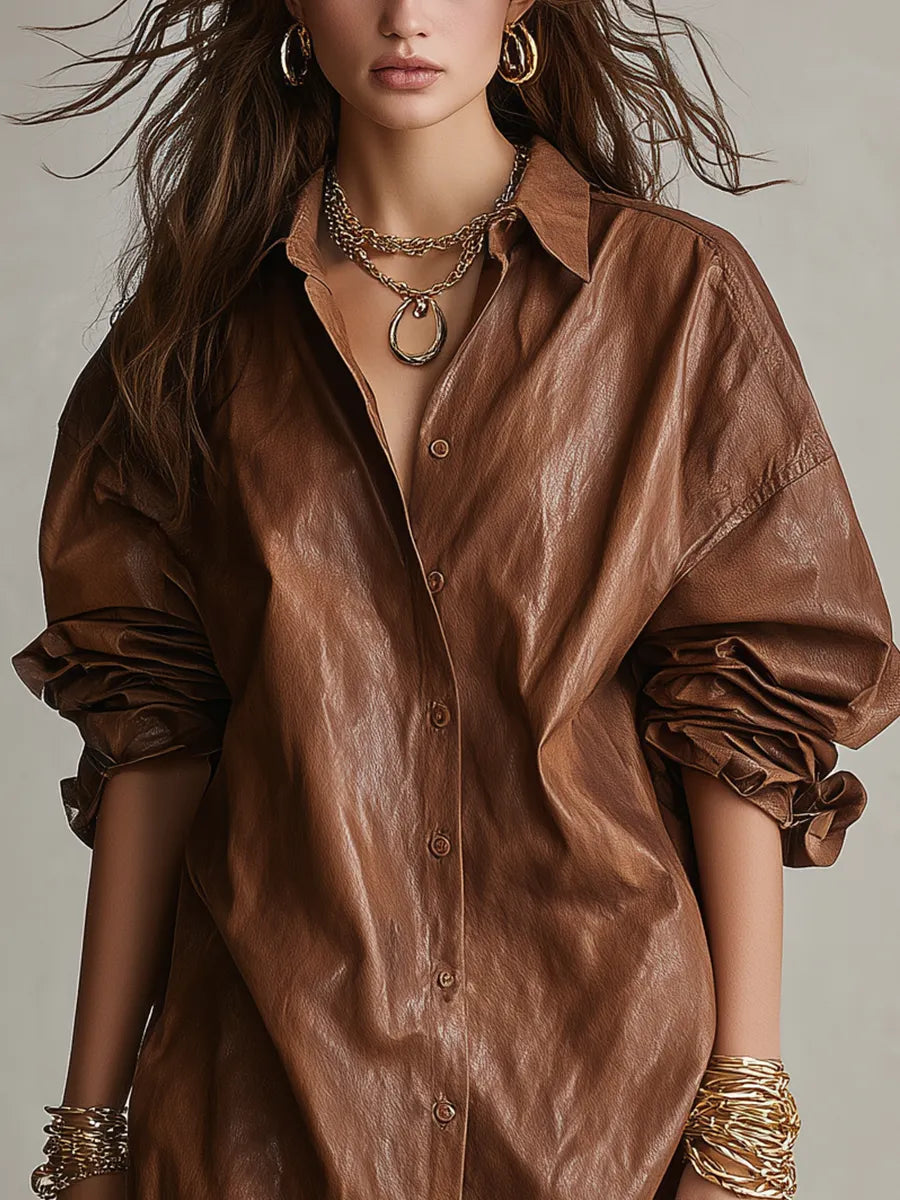 Bohemian Brown Faux Leather Mini Shirt Dress