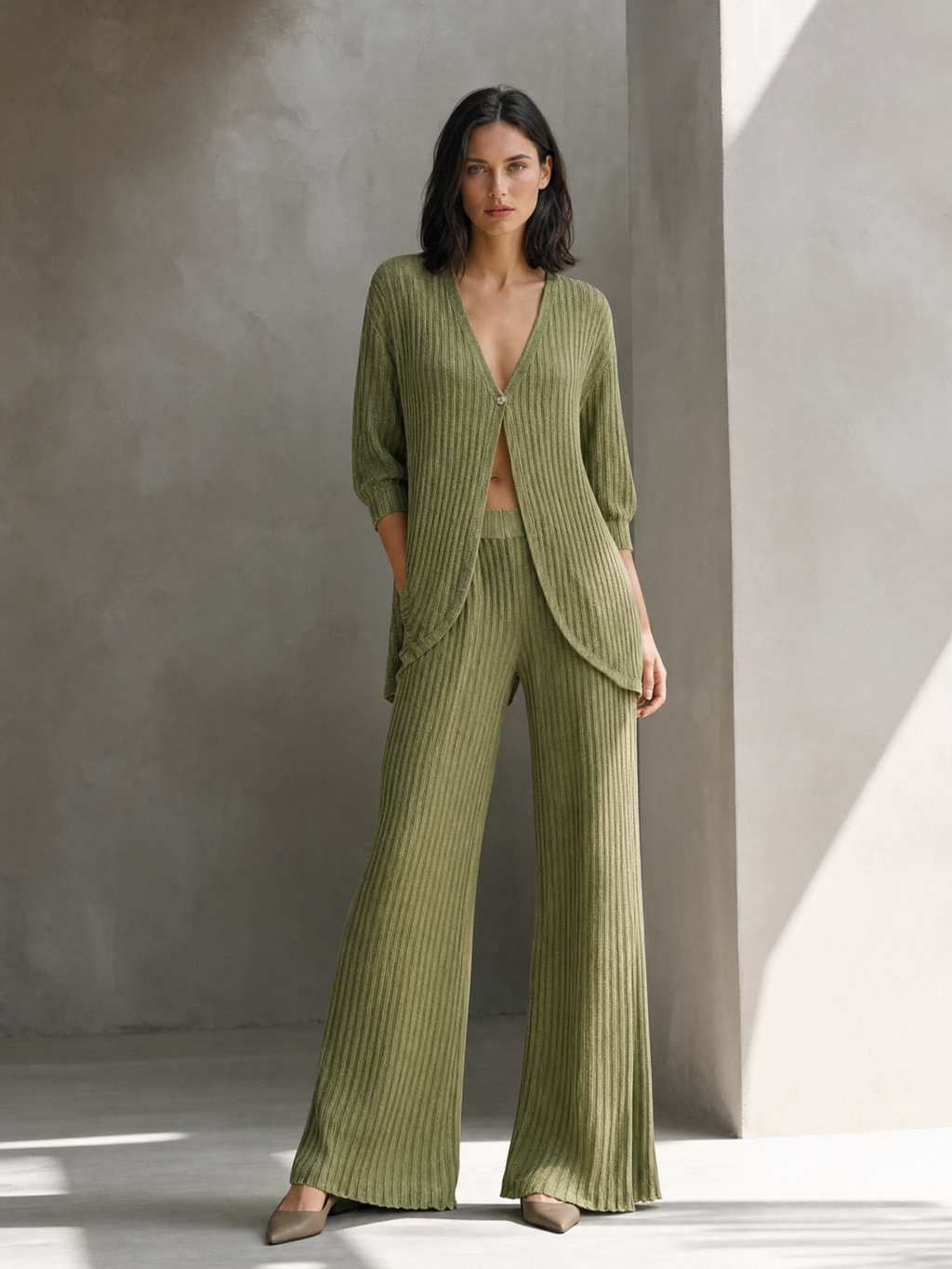 Women's Elegant Olive Green Ribbed Knit Deep V-Neck Button-Front Longline Cardigan And Wide-Leg Pants Two-Piece Set MDZ1684G9ZSQ
