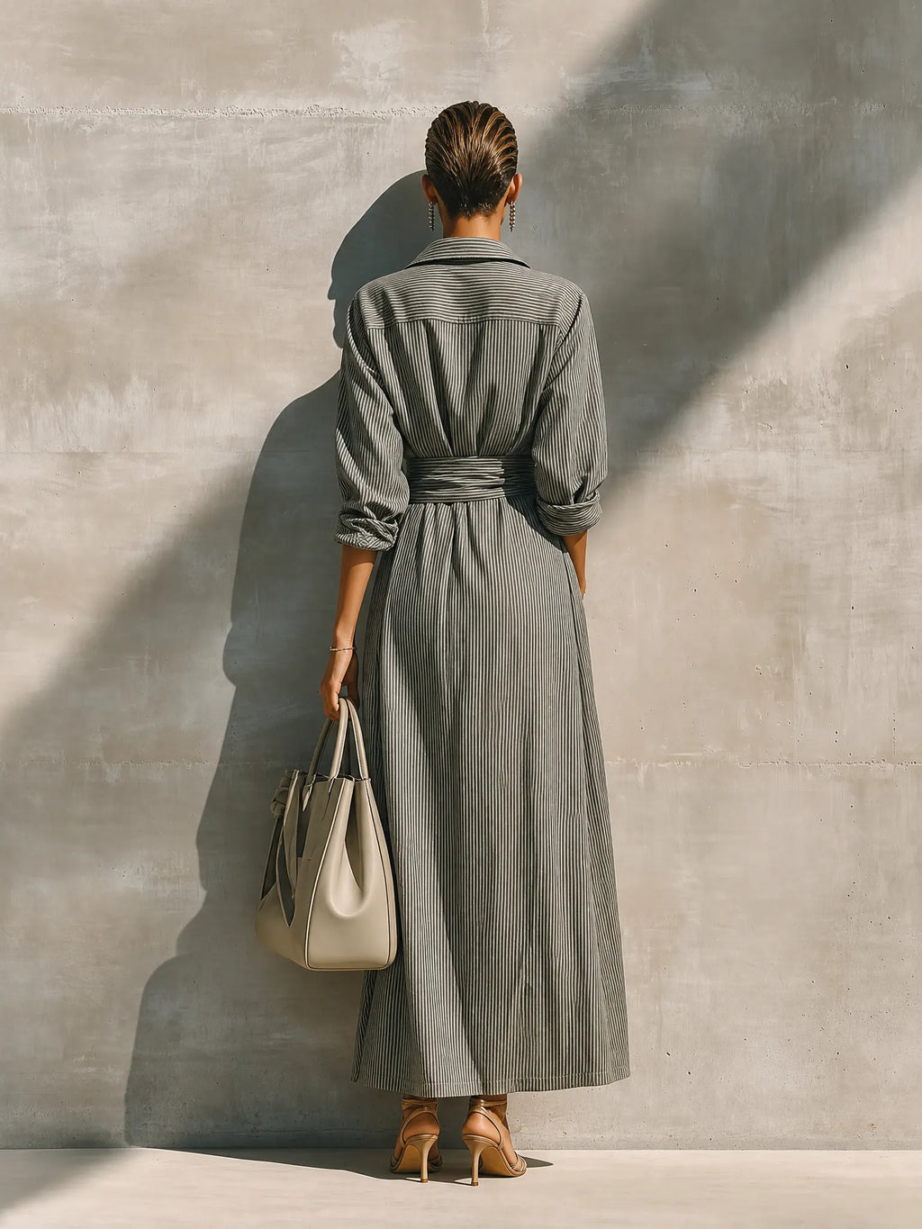 Women's Grey White Vertical Stripe Cotton-linen Blend Collared Wrap Tie Waist Side Pocket Maxi Shirt Dress MDZ1451G8YZJ