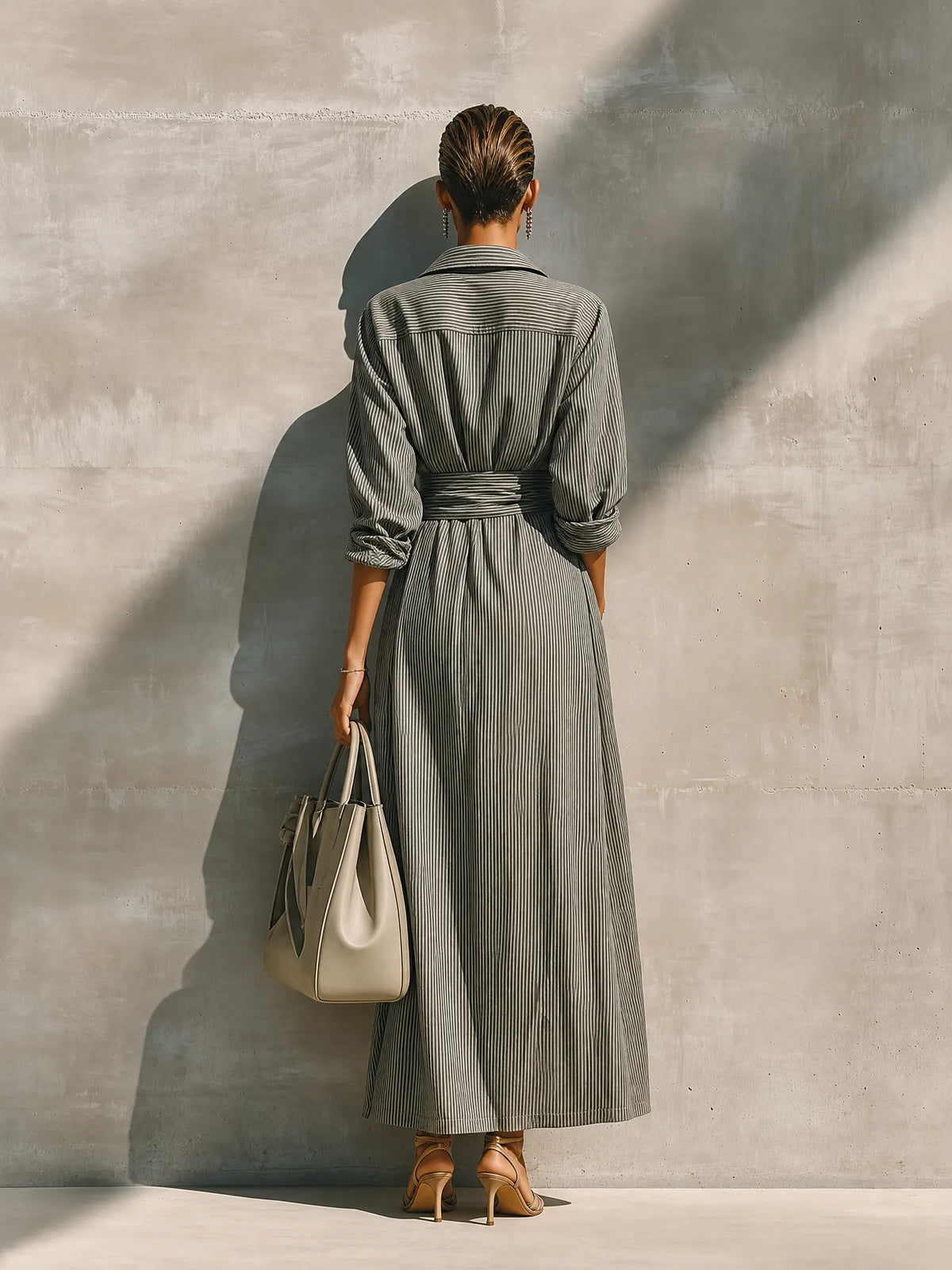 Women's Grey White Vertical Stripe Cotton-linen Blend Collared Wrap Tie Waist Side Pocket Maxi Shirt Dress MDZ1451G8YZJ