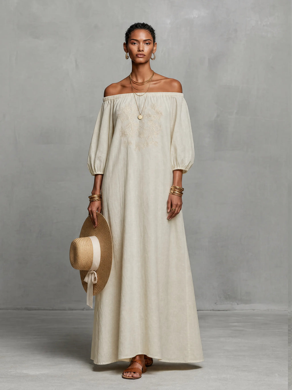 Women's Minimalist Off-the-shoulder Three-quarter Sleeve Embroidered Maxi Dress MDZ3063A3Y