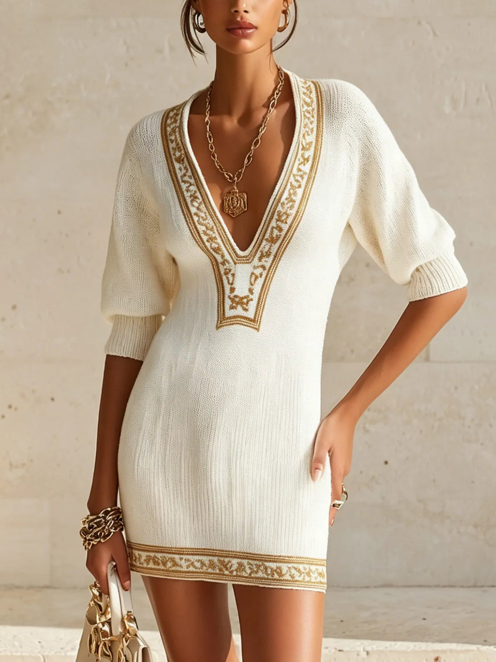 Ivory Knit Mini Dress With Gold Trim And Deep V-Neck
