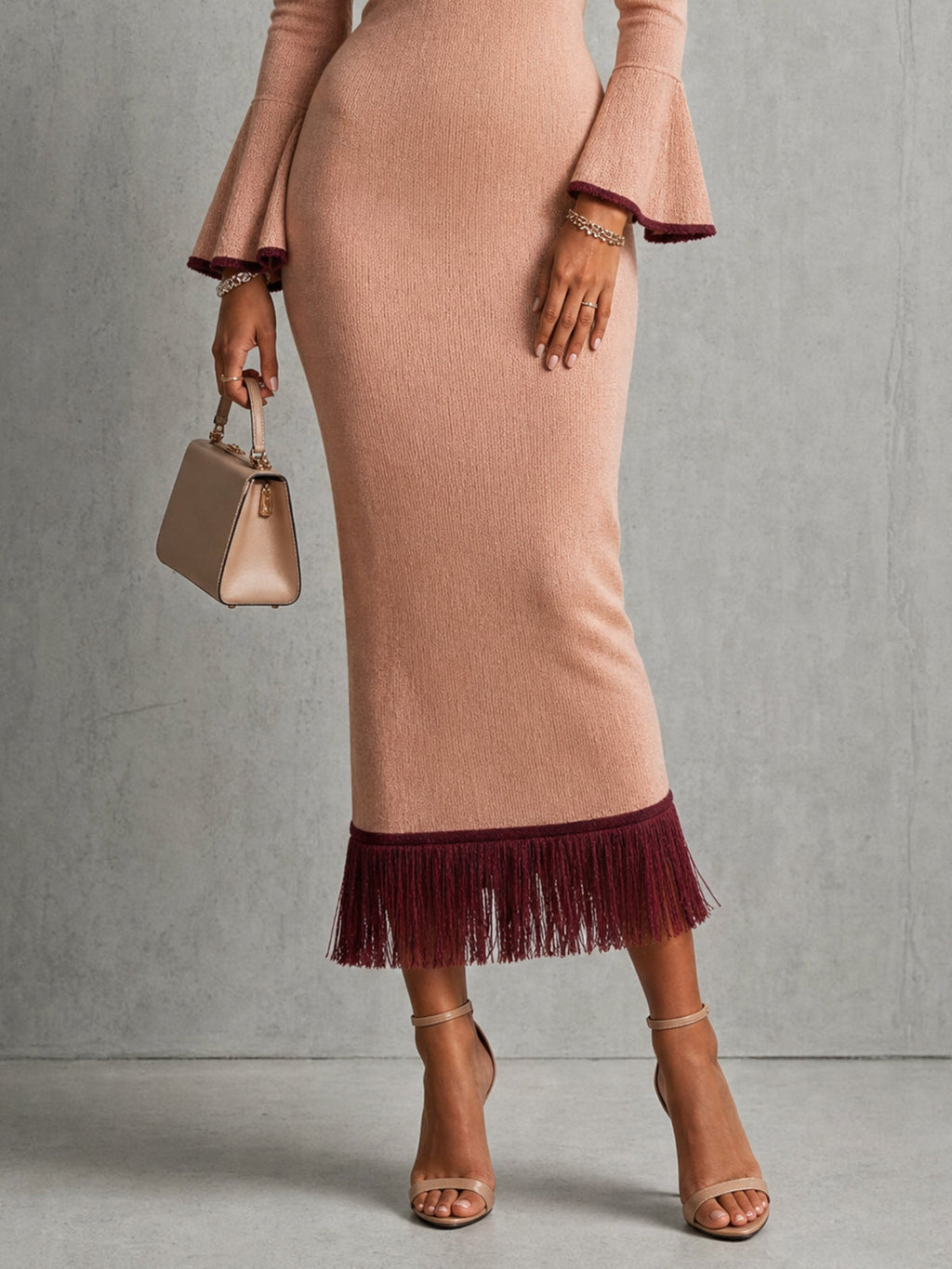 Pink V-Neck Fringe Hem Knit Midi Dress