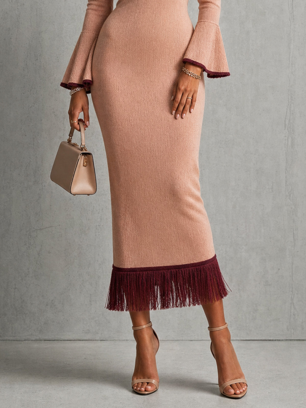 Pink V-Neck Fringe Hem Knit Midi Dress