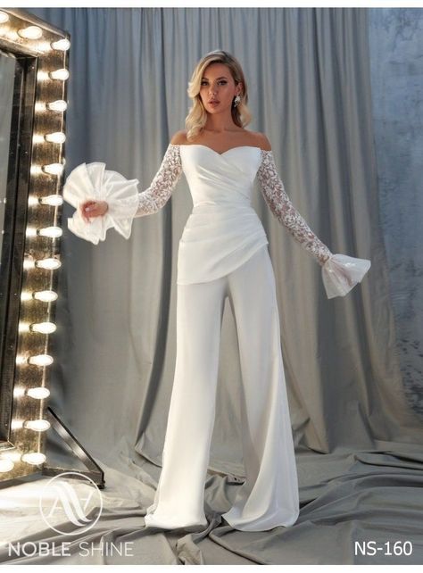 Flare sleeves off-the-shoulder lace georgette jumpsuit