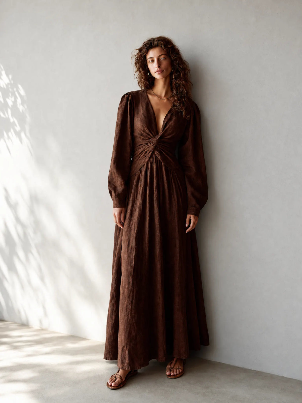 Women's Resort-Style Chocolate Brown Deep V-Neck Twist-Front Bishop-Sleeve Cinched-Waist Linen Maxi Dress MDZ1088G6CMX