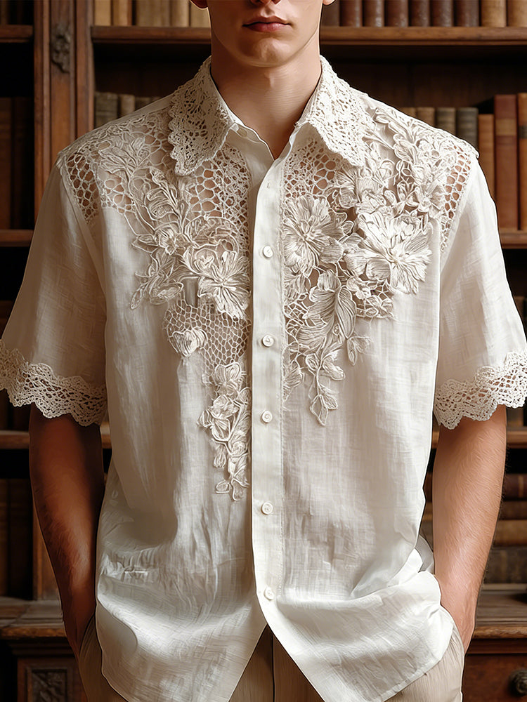 Men's Vintage Floral Lace Embroidered Linen Shirt