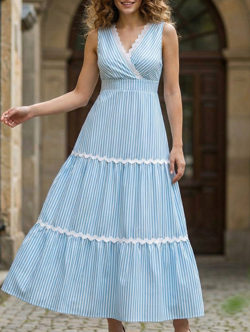 Stripe Lace Trim Tiered Sleeveless Dress