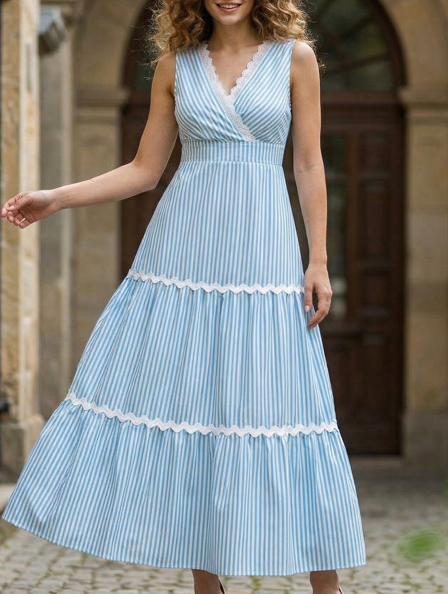 Stripe Lace Trim Tiered Sleeveless Dress