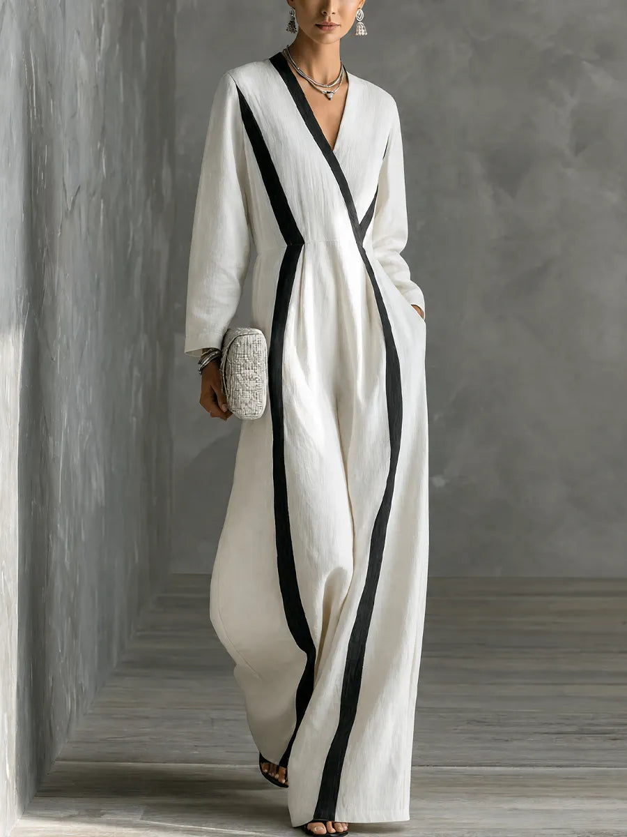 Women's Minimalist Vacation Style White Cotton Linen V-Neck Color-Blocked Striped Long-Sleeved Wide-Leg Jumpsuit MDZ1382G0GMJ
