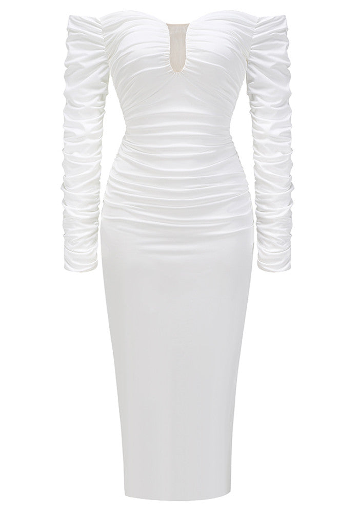 Long Sleeve Ruched Bardot Midi Dress White